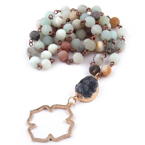 Boho Amazonite Druzy Gold Quatrefoil Necklace - Picture 3 of 6